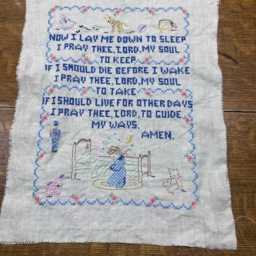 Embroidered cross stitch vintage Prayer Sampler in‎ Blue and Pastel Colors